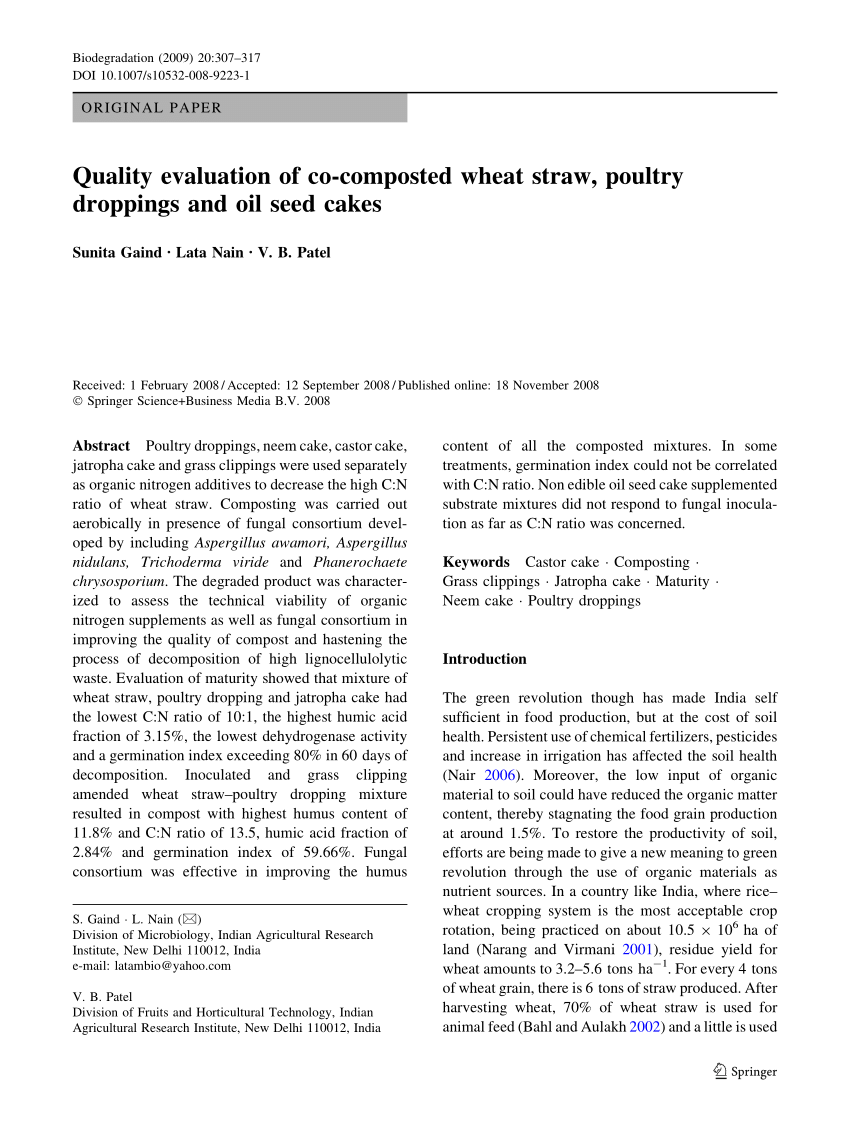 Pdf Quality Evaluation Of Co Composted Wheat Straw Poultry Droppings And Oil Seed Cakes