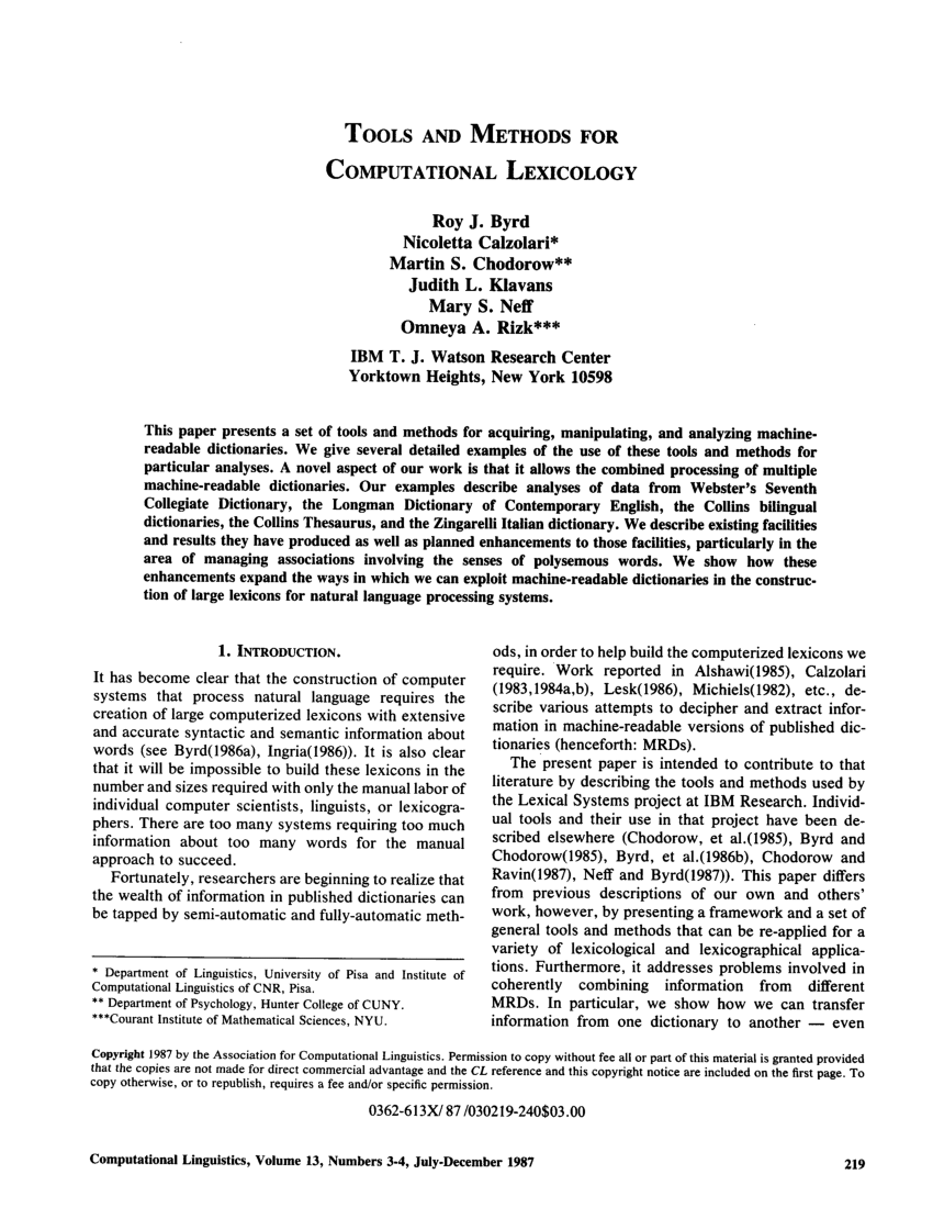 Pdf Tools And Methods For Computational Lexicology