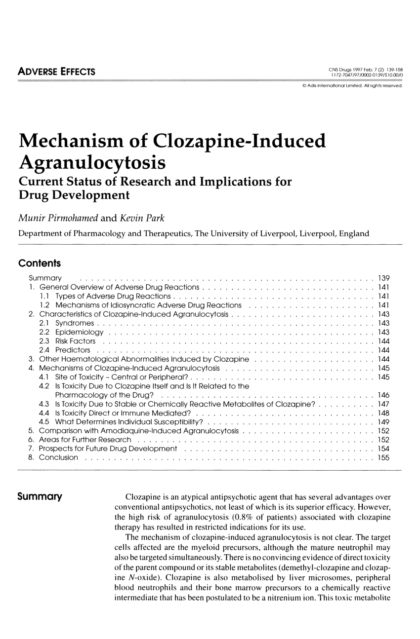 Pdf Mechanism Of Clozapine Induced Agranulocytosis Current Status Of Research And Implications For Drug Development