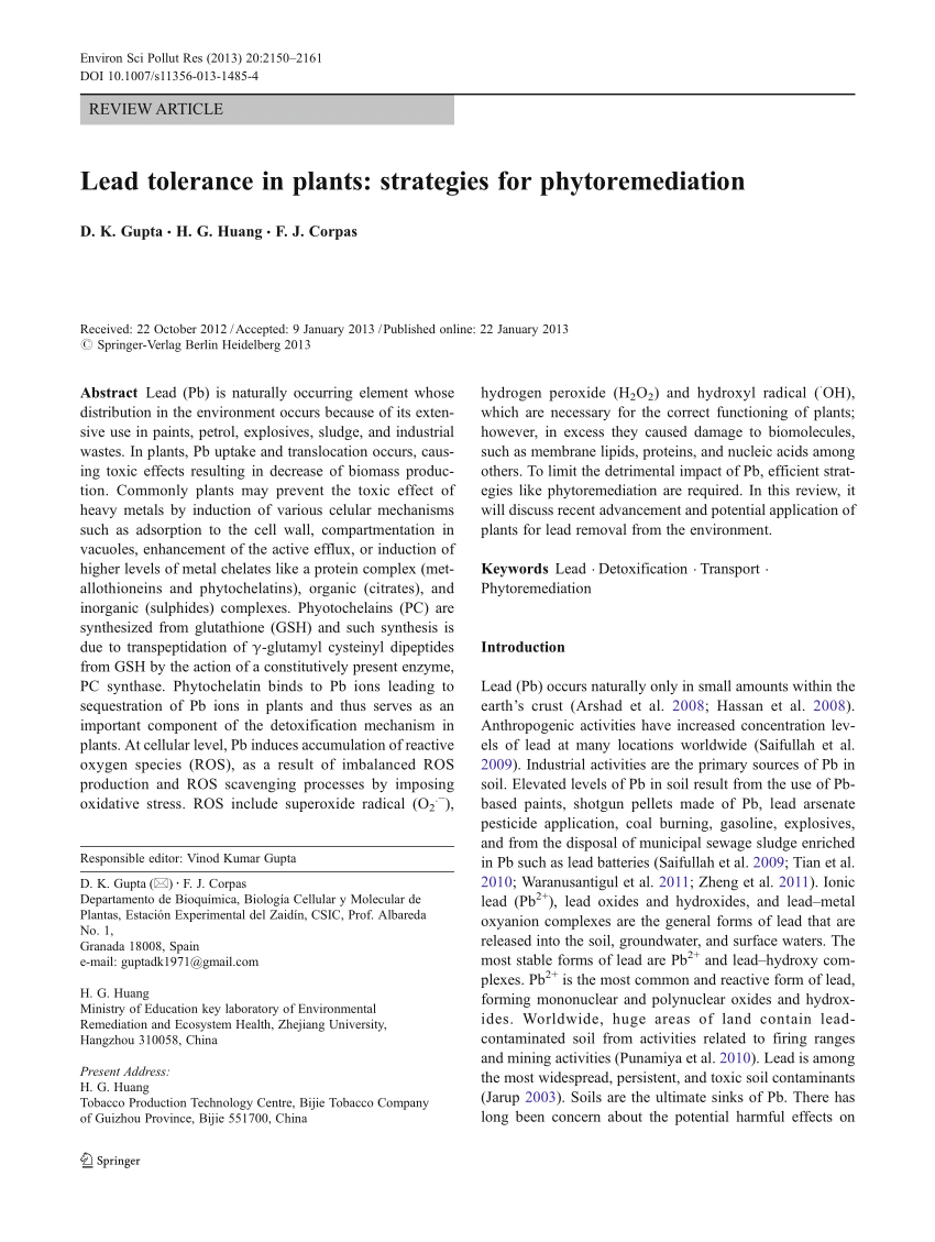 Pdf Lead Tolerance In Plants Strategies For Phytoremediation