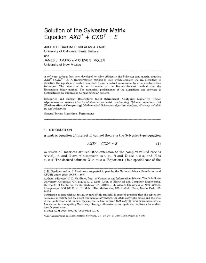 (PDF) Solution of the Sylvester matrix equation AXB + CXD = E