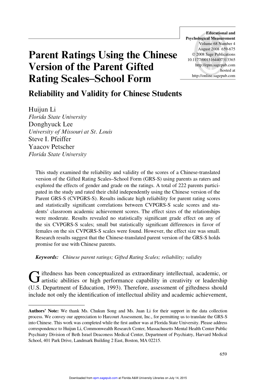 Vrijwel Reactor Intiem PDF) Parent Ratings Using the Chinese Version of the Parent Gifted Rating  Scales--School Form Reliability and Validity for Chinese Students