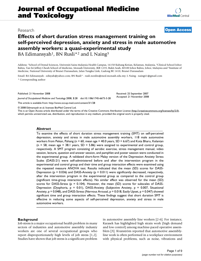 Pdf Effects Of Short Duration Stress Management Training On Self Perceived Depression Anxiety And Stress In Male Automotive Assembly Workers A Quasi Experimental Study