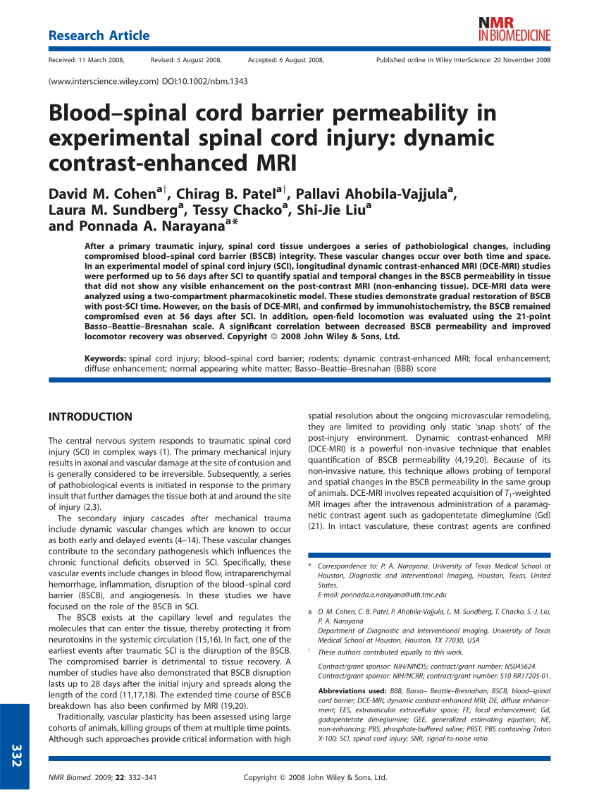 Pdf Blood Spinal Cord Barrier Permeability In Experimental Spinal Cord Injury Dynamic Contrast Enhanced Mri