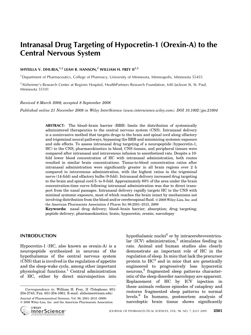 Pdf Intranasal Drug Targeting Of Hypocretin 1 Orexin A To The Central Nervous System