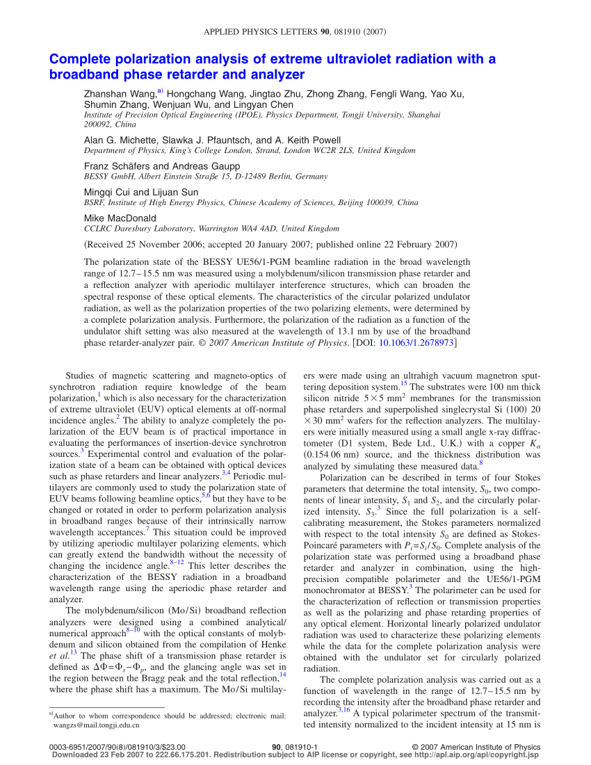PDF) Complete polarization analysis of extreme ultraviolet ...