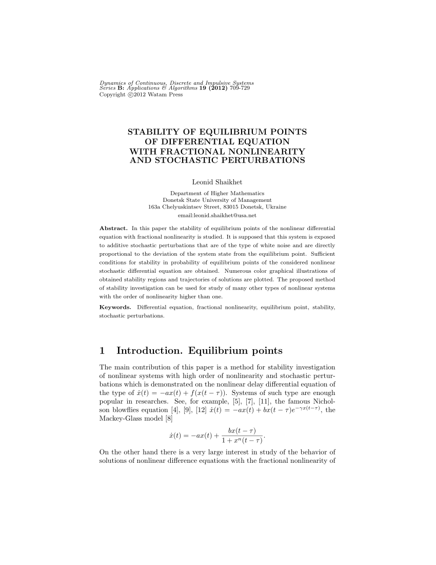 Pdf Stability Of Equilibrium Points Of Differential Equation With Fractional Nonlinearity And Stochastic Perturbations