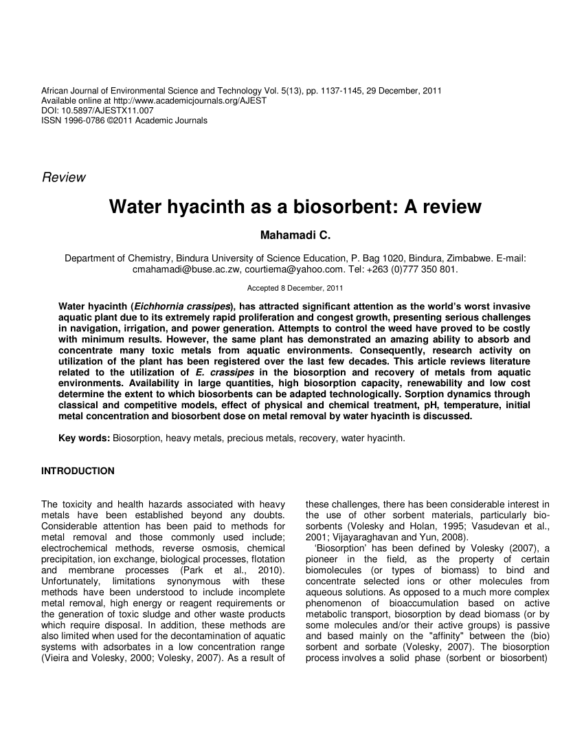 Pdf Water Hyacinth As A Biosorbent A Review