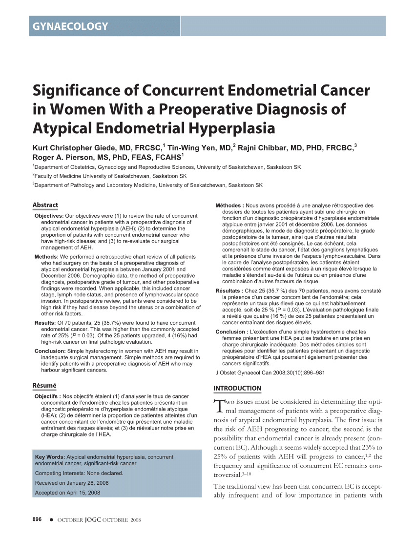 PDF) Significance of Concurrent Endometrial Cancer in Women With a  Preoperative Diagnosis of Atypical Endometrial Hyperplasia