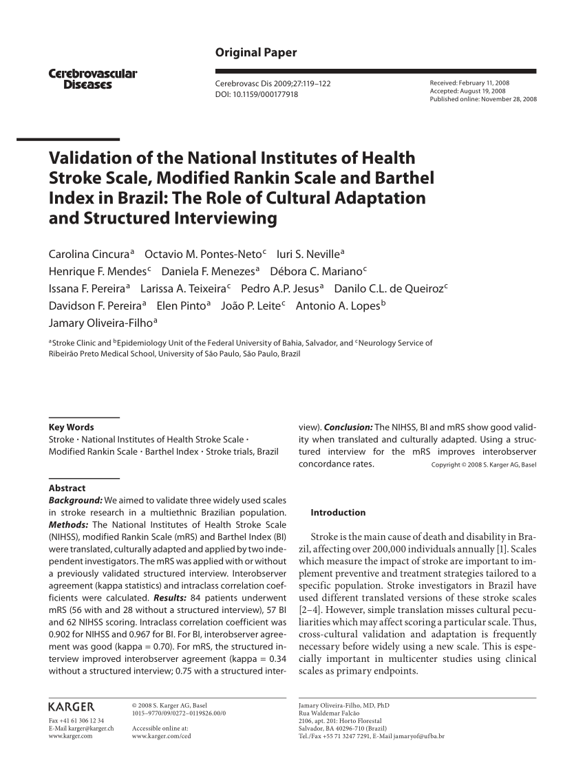 Pdf Validation Of The National Institutes Of Health Stroke Scale Modified Rankin Scale And Barthel Index In Brazil The Role Of Cultural Adaptation And Structured Interviewing