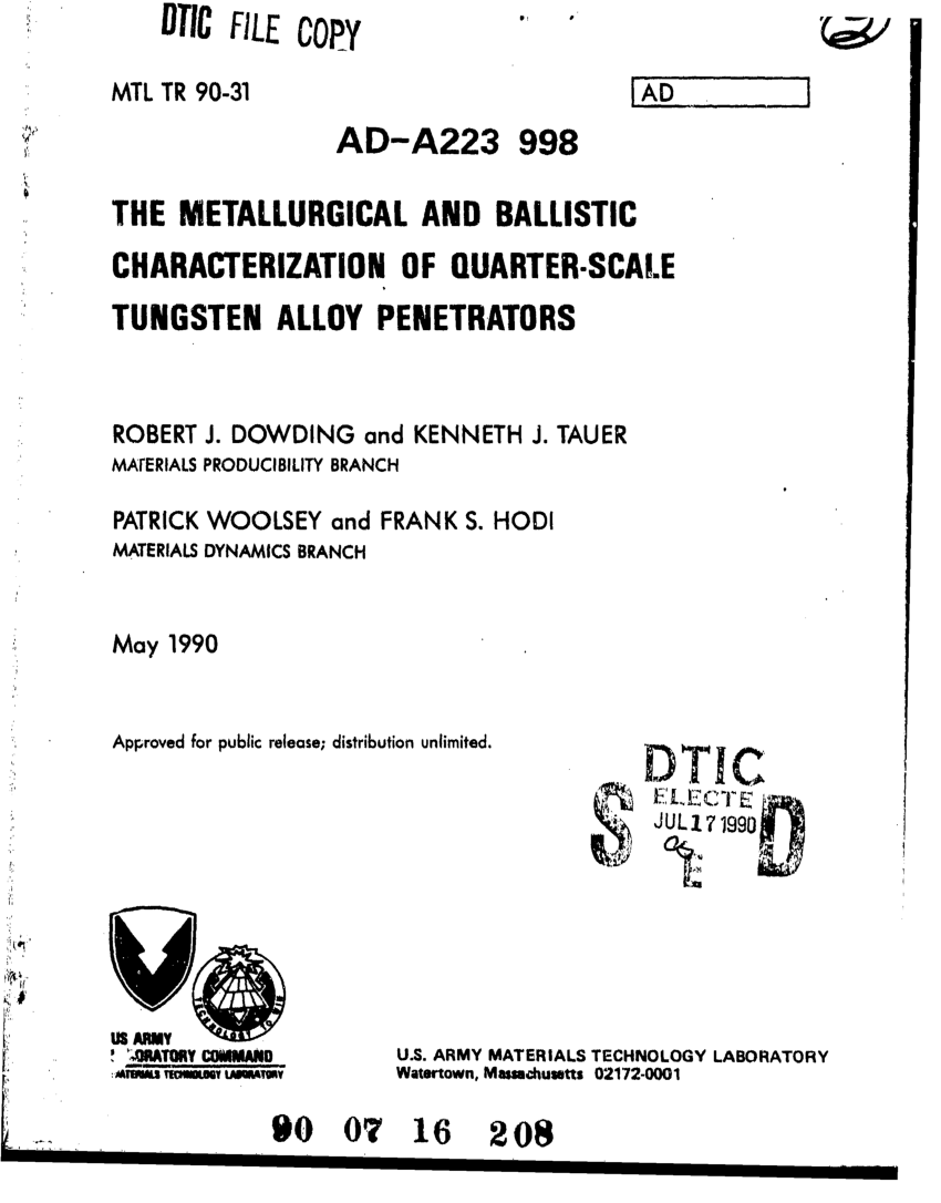 Pdf The Metallurgical And Ballistic Characterization Of Quarter Scale Tungsten Alloy Penetrators