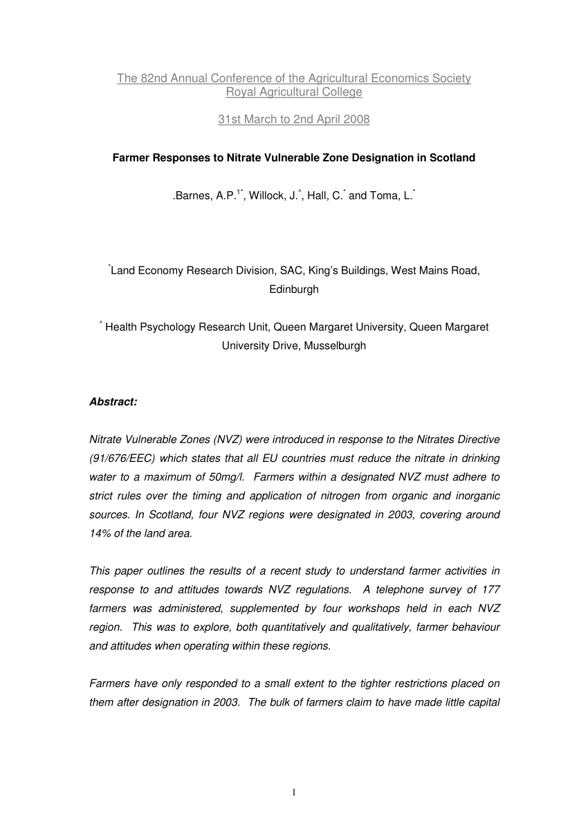 PDF Farmer Responses to Nitrate Vulnerable Zone Designation in