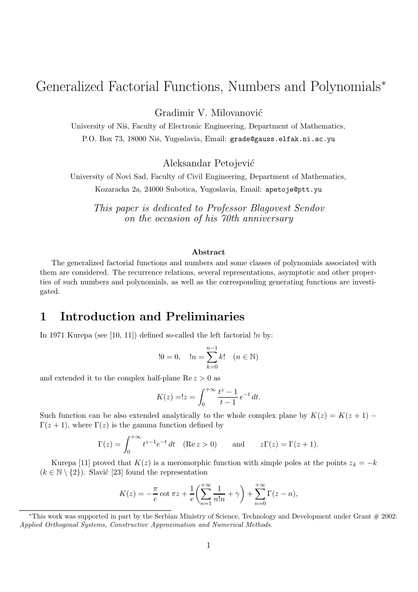 Pdf Generalized Factorial Functions Numbers And Polynomials