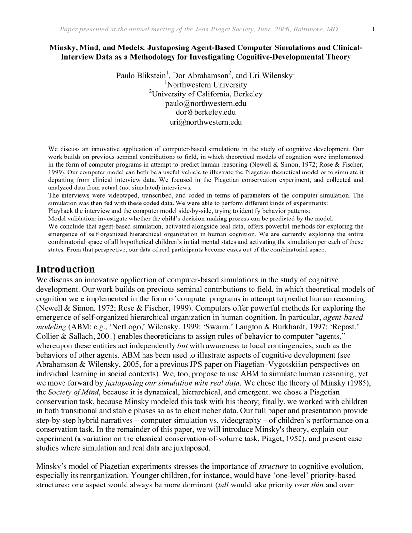 PDF Minsky mind and models Juxtaposing agent based computer