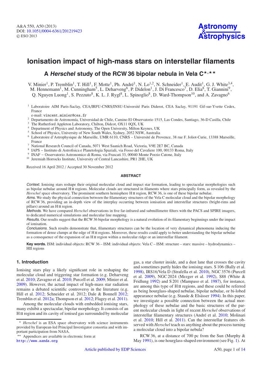 Pdf Ionisation Impact Of High Mass Stars On Interstellar Filaments A Herschel Study Of The Rcw 36 Bipolar Nebula In Vela C