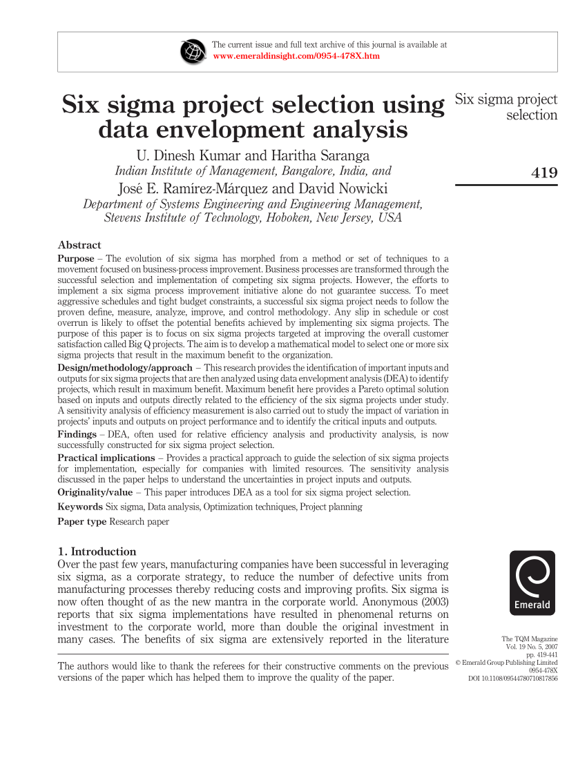 research paper on six sigma