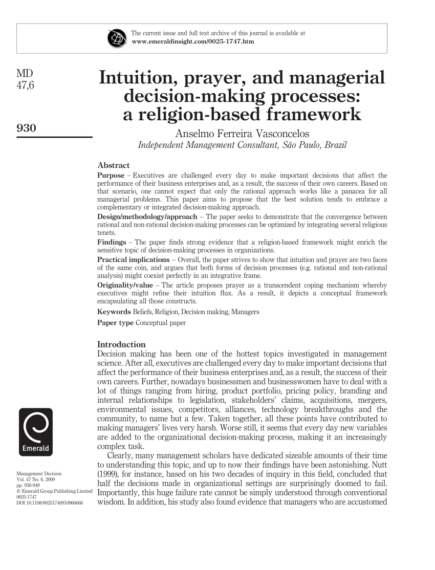 Pdf Intuition Prayer And Managerial Decision Making Processes A Religion Based Framework