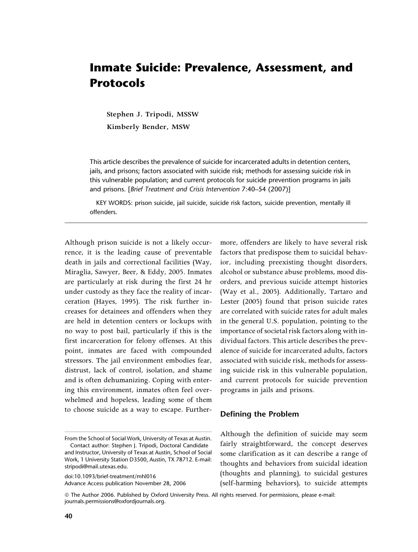 Pdf Inmate Suicide Prevalence Assessment And Protocols