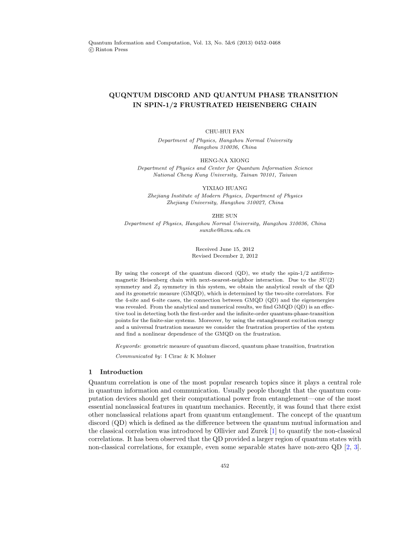 Pdf Quantum Discord And Quantum Phase Transition In Spin 1 2 Frustrated Heisenberg Chain