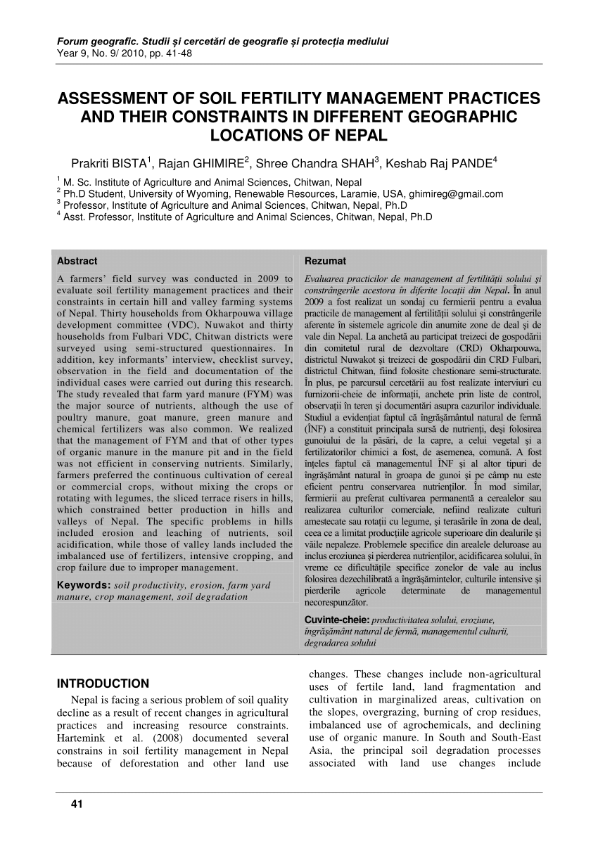 Pdf Assessment Of Soil Fertility Management Practices And Their Constraints In Different Geographic Locations Of Nepal