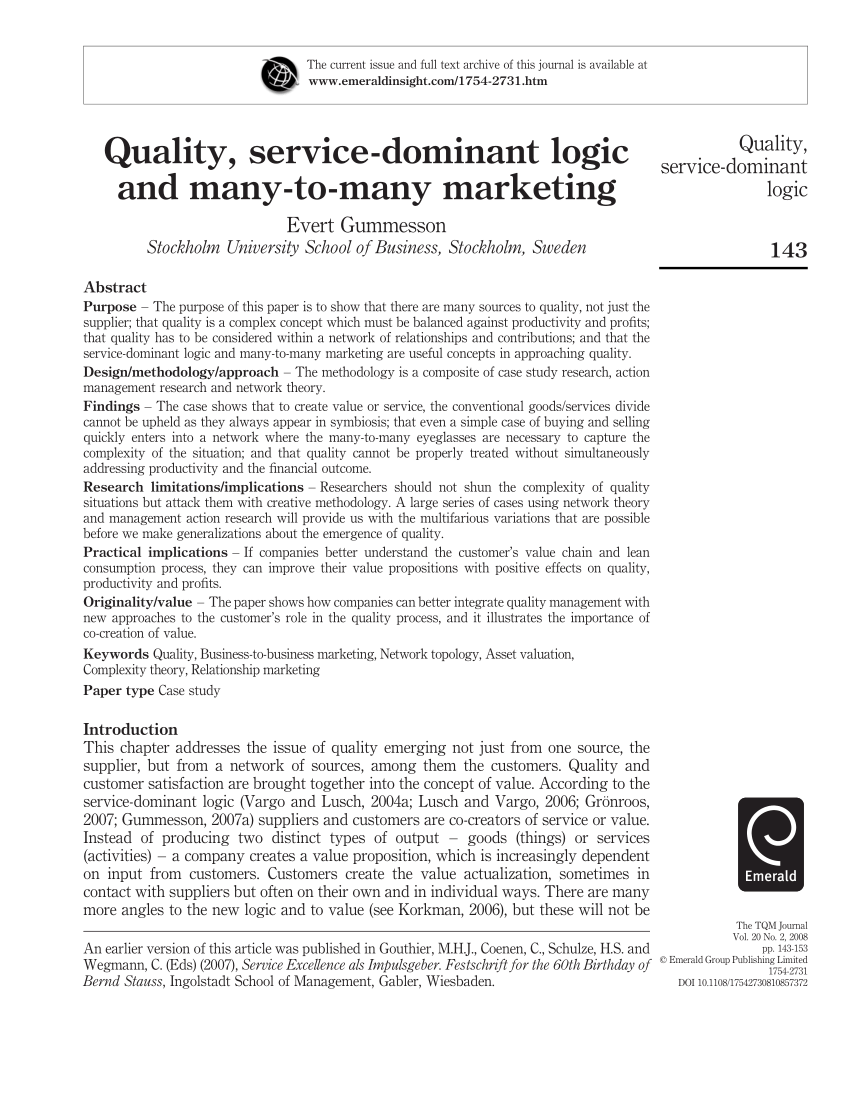 Pdf Quality Service Dominant Logic And Many To Many Marketing