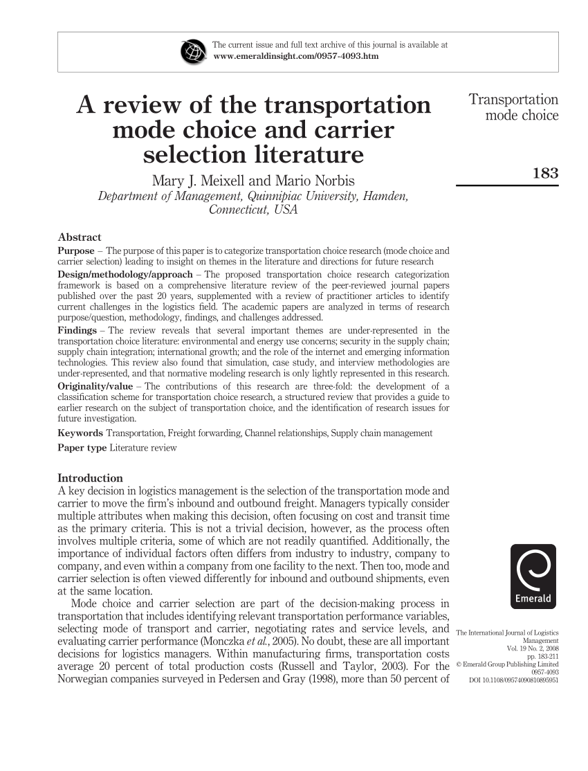 literature review on modes of transport