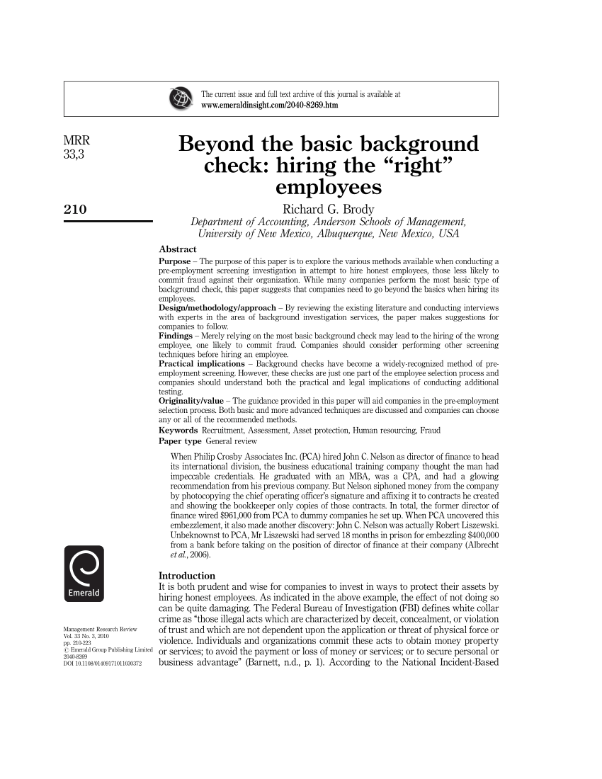 PDF) Beyond the basic background check: hiring the “right” employees