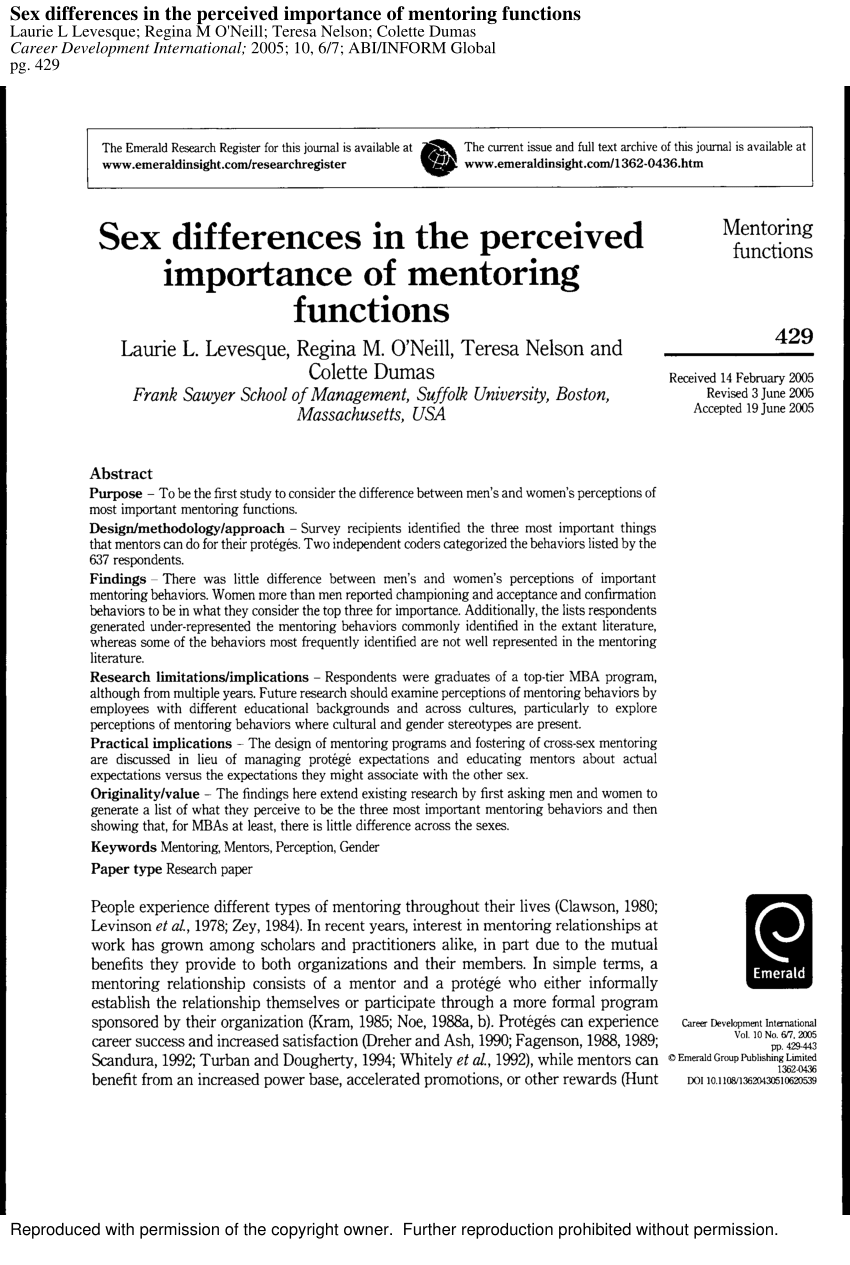 Pdf Sex Differences In The Perceived Importance Of Mentoring Functions 