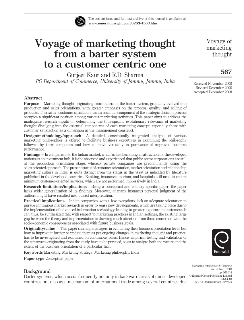 Pdf Voyage Of Marketing Thought From A Barter System To A Customer Centric One