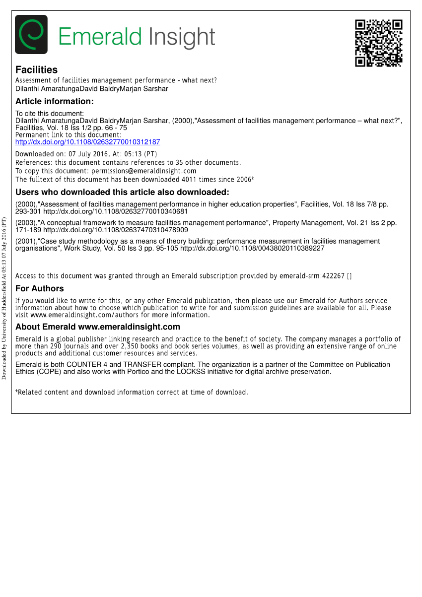 Pdf Assessment Of Facilities Management Performance What Next