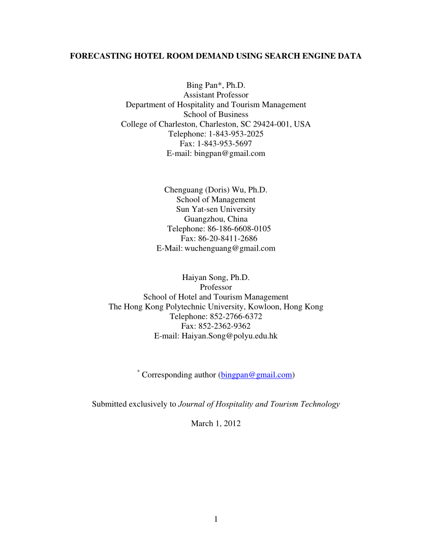 Pdf Forecasting Hotel Room Demand Using Search Engine Data