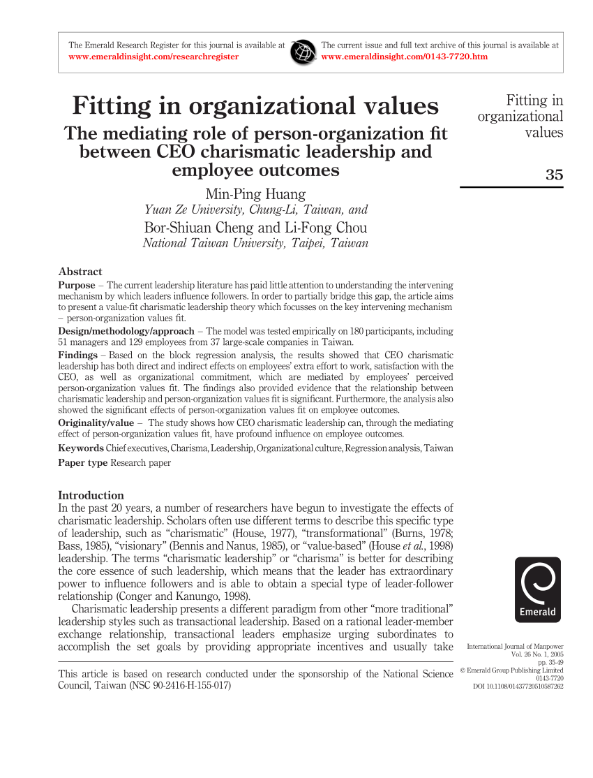 5 Photo PDF Fitting in organizational values The mediating role of ...