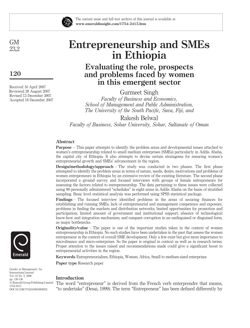 article review on entrepreneurship in ethiopia