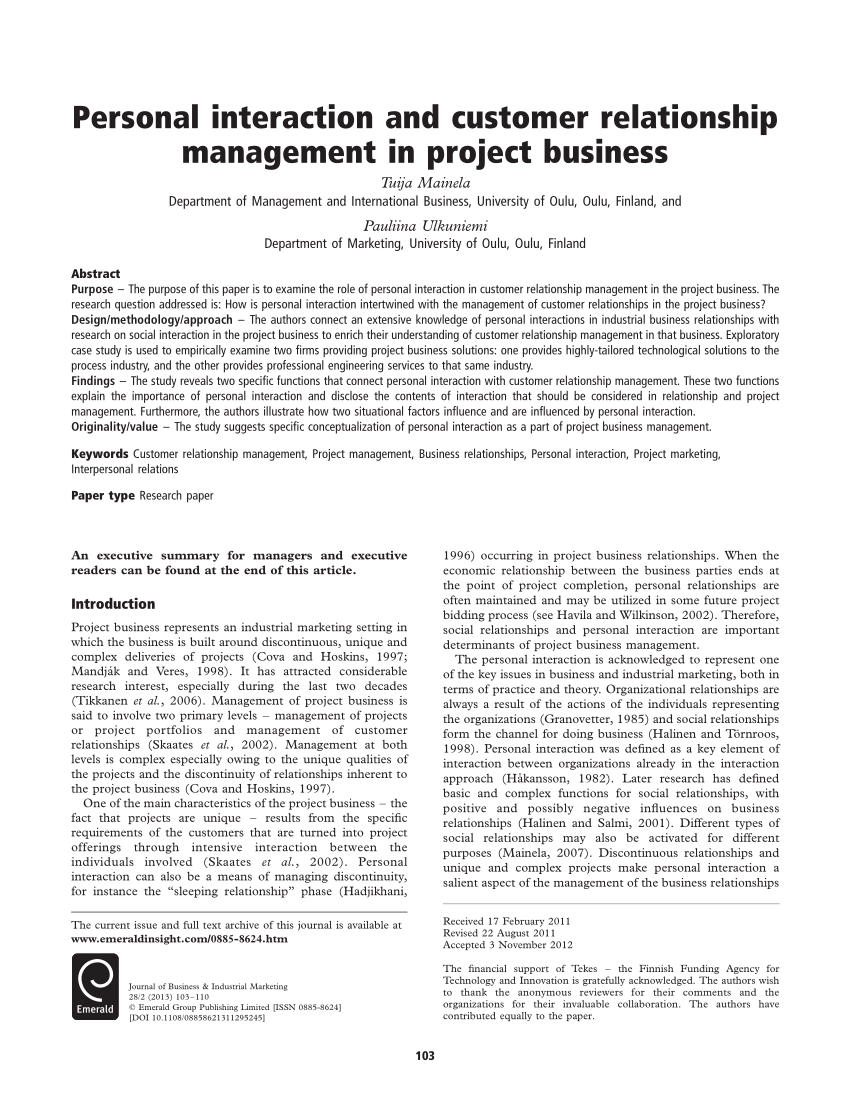 Pdf) Personal Interaction And Customer Relationship Management In Project  Business