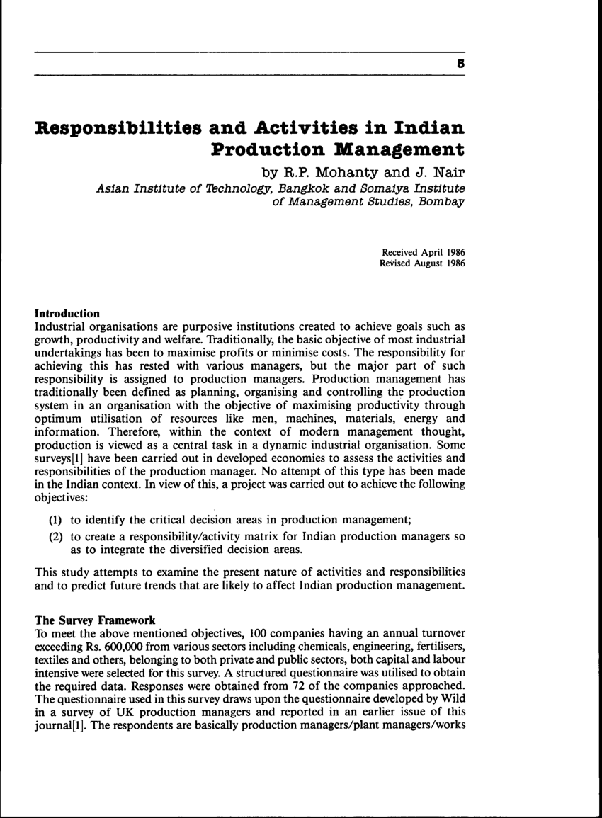 Pdf) Responsibilities And Activities In Indian Production Management