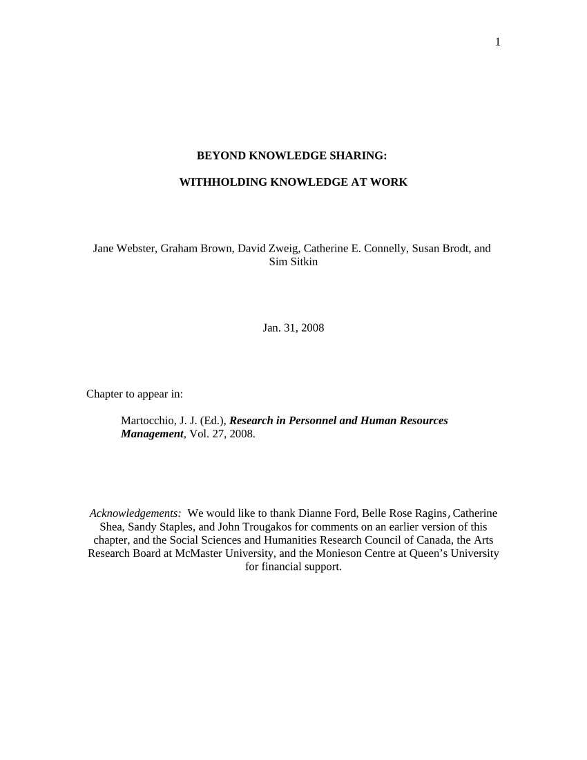 Pdf Beyond Knowledge Sharing Withholding Knowledge At Work