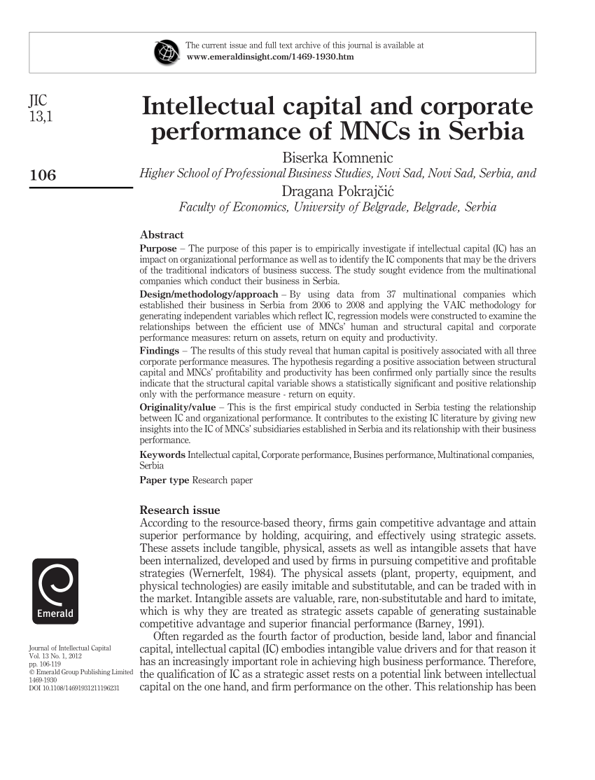 Pdf Intellectual Capital And Corporate Performance Of Mncs In Serbia