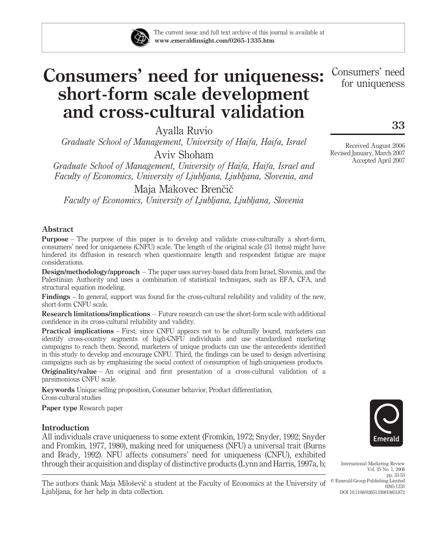 (PDF) Consumers' need for uniqueness: Short-form scale development and ...