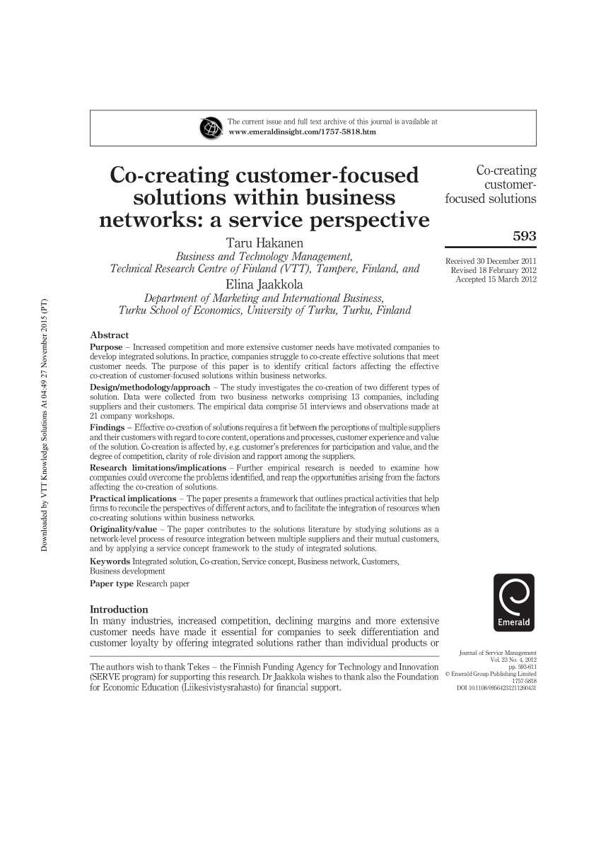 Pdf Co Creating Customer Focused Solutions Within Business Networks A Service Perspective