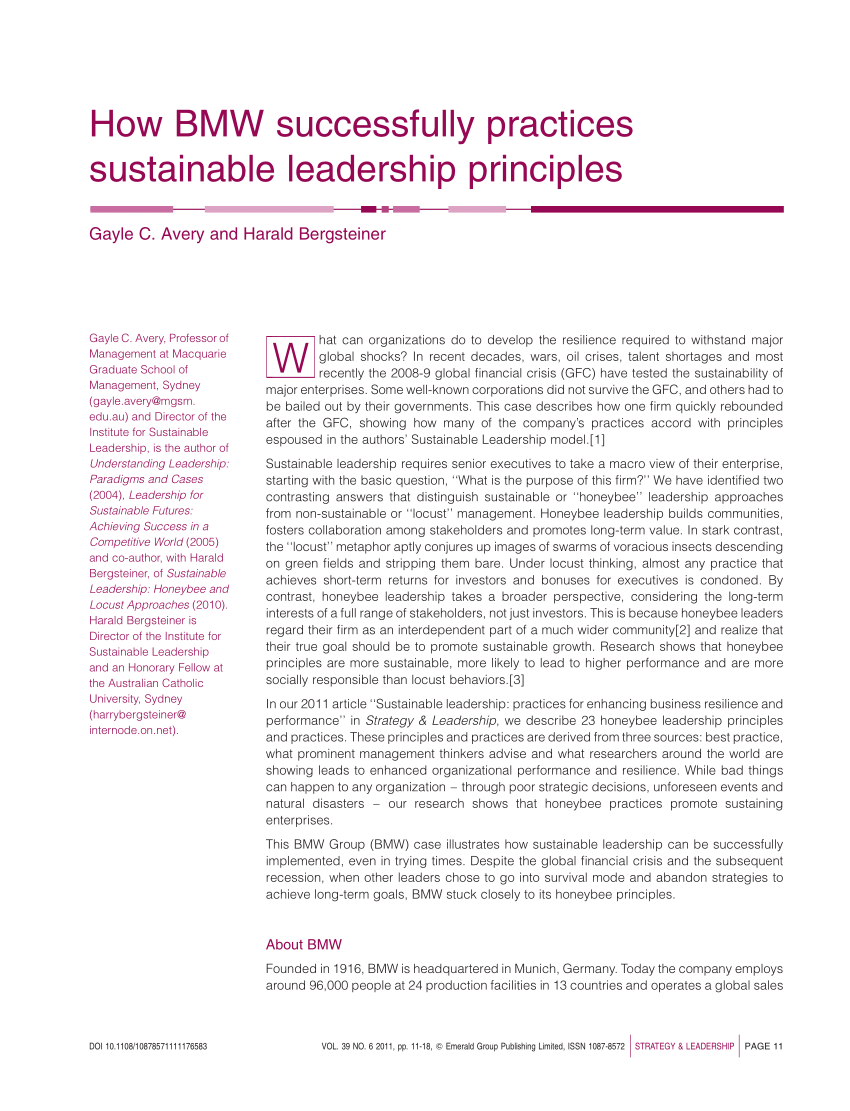 Pdf How Bmw Successfully Practices Sustainable Leadership Principles