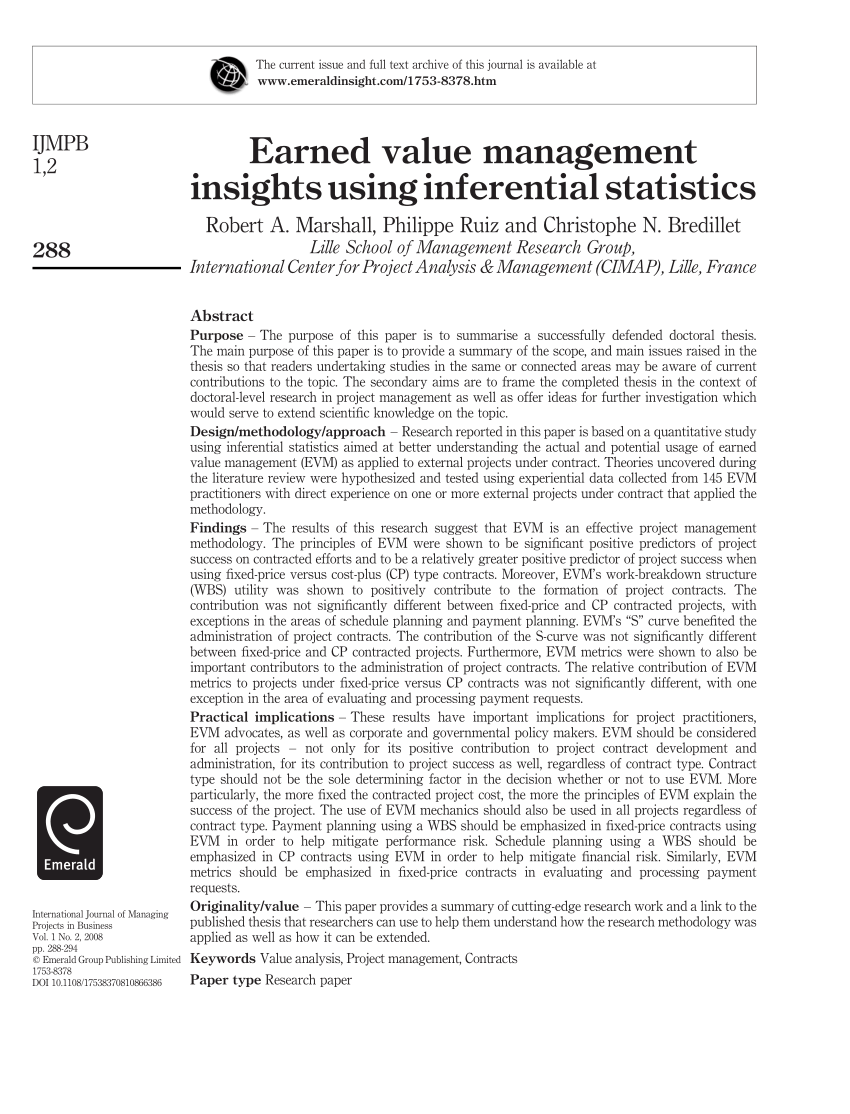 PDF Earned value management insights using inferential statistics