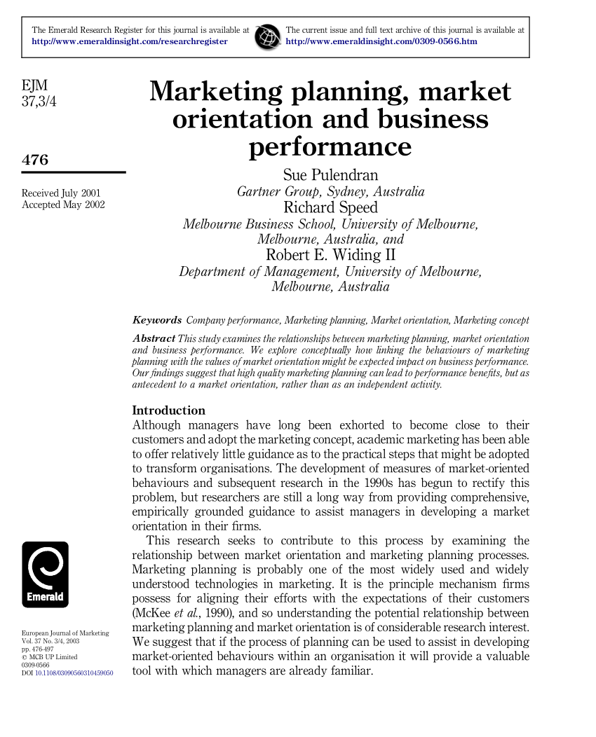 Pdf Marketing Planning Market Orientation And Business Performance