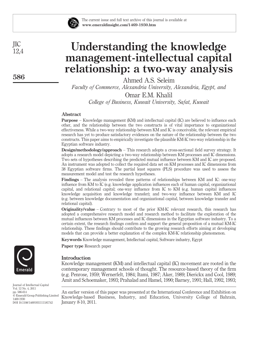 pdf understanding the knowledge management intellectual capital relationship a two way analysis