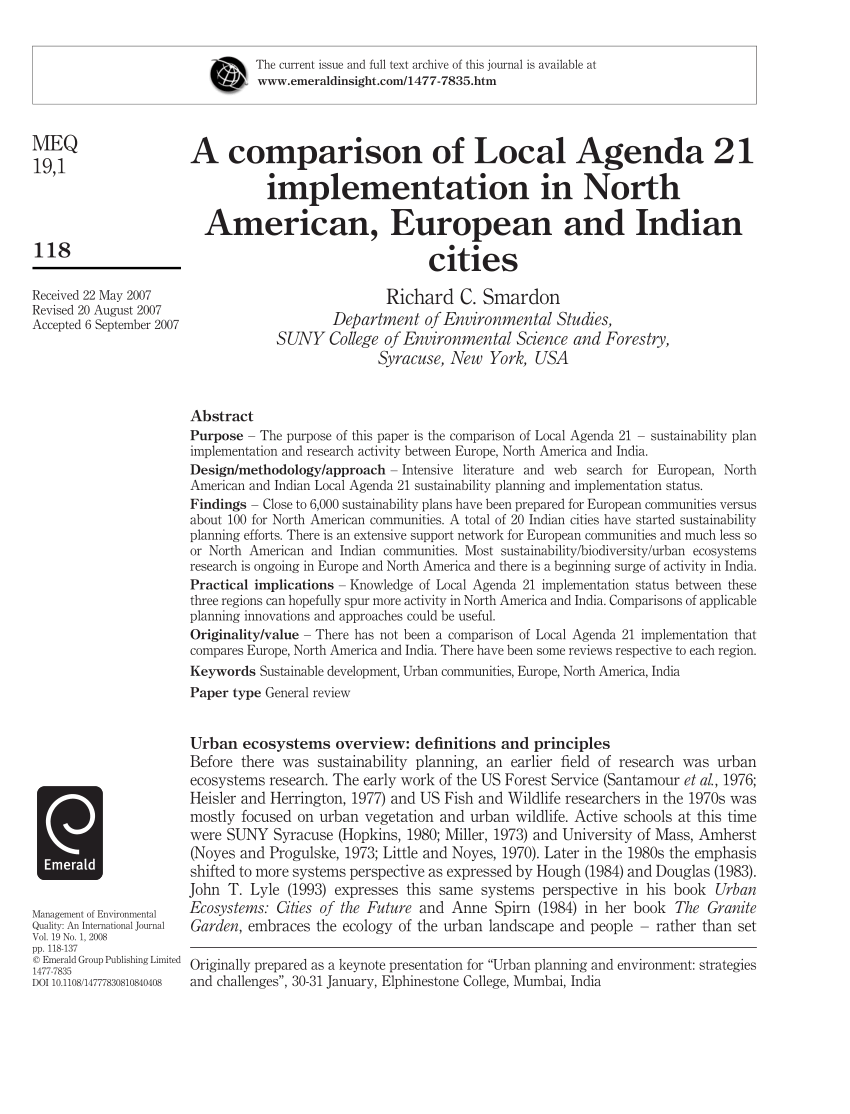 Pdf A Comparison Of Local Agenda 21 Implementation In North American European And Indian Cities