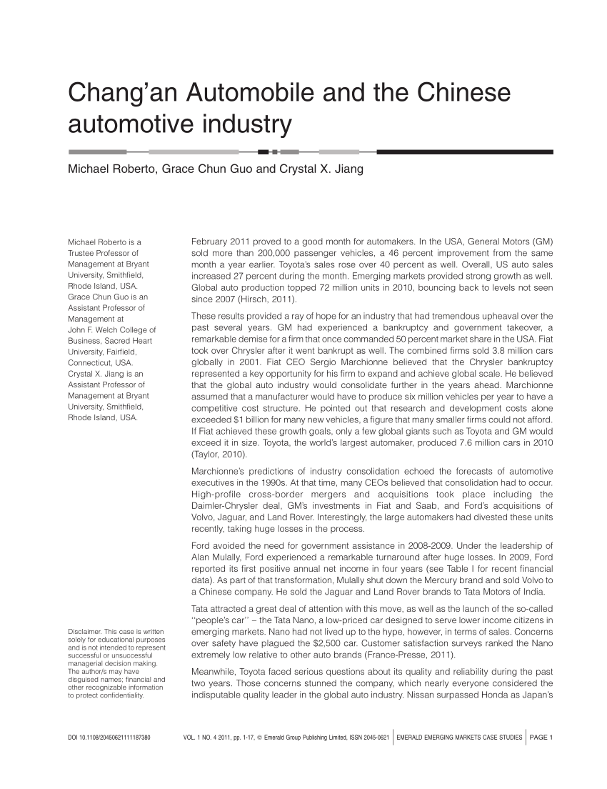 Pdf Chang An Automobile And The Chinese Automotive Industry