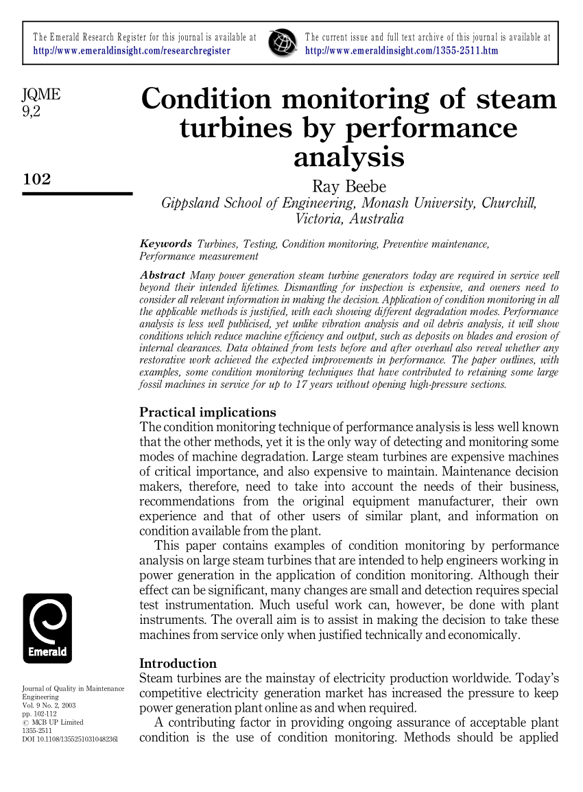 Pdf Condition Monitoring Of Steam Turbines Performance Analysis