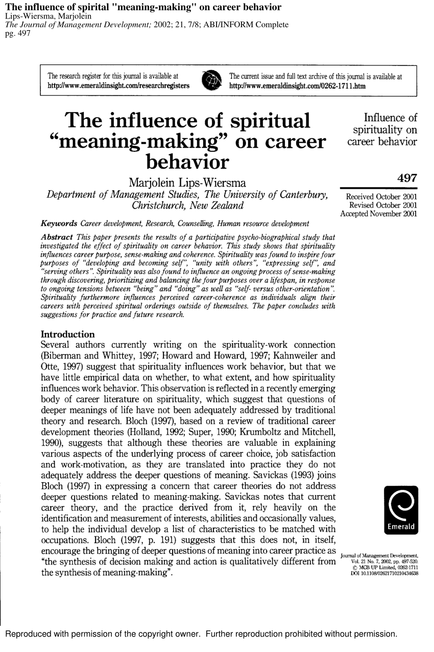 Pdf The Influence Of Spiritual Meaning Making On Career Behavior