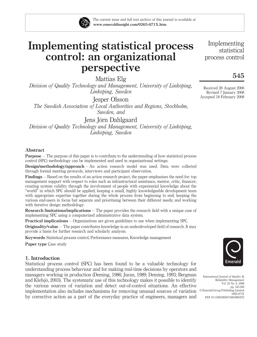 Pdf Implementing Statistical Process Control An Organizational Perspective