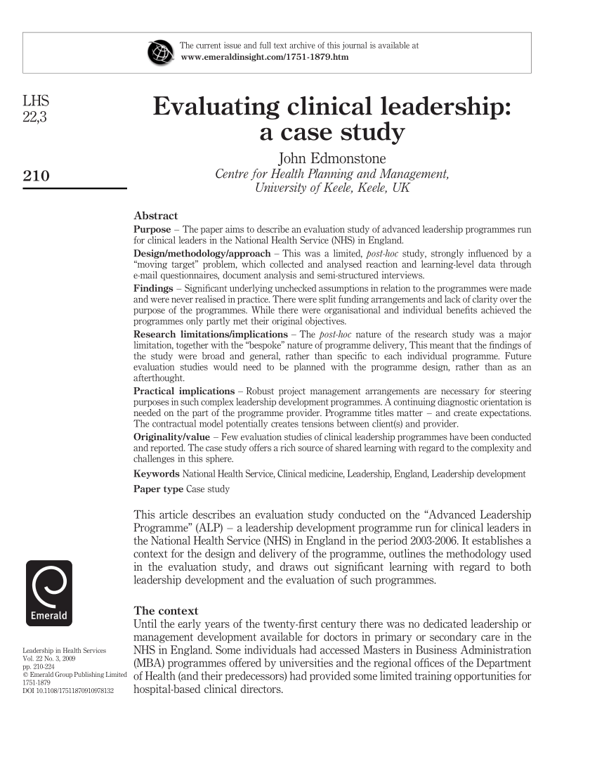 (PDF) Evaluating clinical leadership: A case study