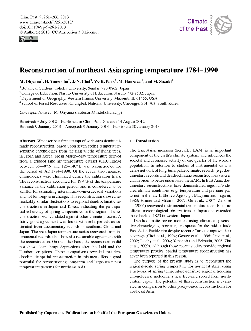 Pdf Reconstruction Of Northeast Asia Spring Temperature 1784 1990